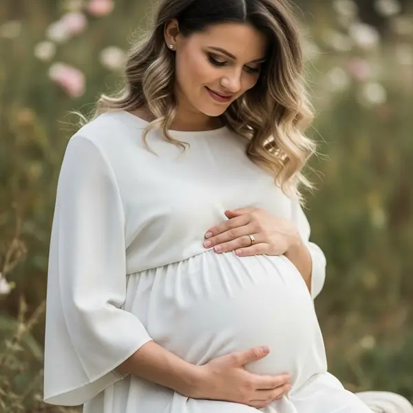 Eine schwangere Frau betrachtet und streichelt ihren Babybauch (Bild mit KI erstellt)